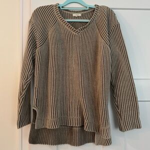 Easel Brown and Cream Striped V-Neck Sweater